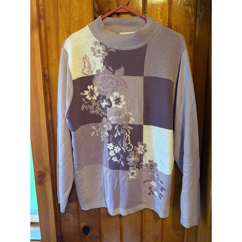 Alfred Dunner‎ Floral Butterfly Patchwork Knit Sweater Grandma Core Size Large